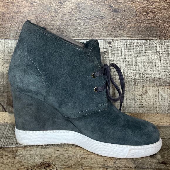 See By Chloe Lea Wedge Booties Gray Suede Sherpa Ankle Boots Booties Size 38 8 - Picture 4 of 11